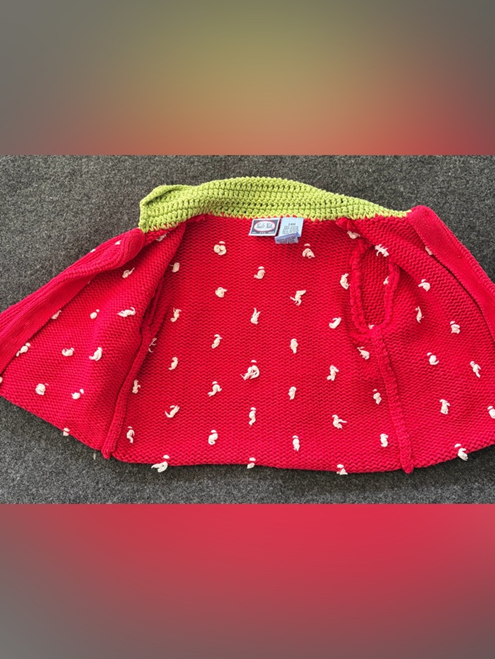 Koala Kids Red Knit Cardigan with Green Crochet Collar - Picture 4 of 6